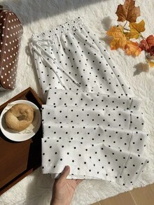 Comfortcana 大尺碼白色直筒休閒度假長褲，彈性抽繩腰頭，波點紋理圖案 - 杏色 - 查看 4