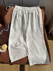 Comfortcana 大尺碼白色直筒休閒度假長褲，彈性抽繩腰頭，波點紋理圖案 - 杏色 - 查看 5
