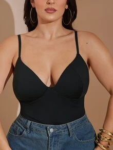 SHEIN BAE CURVE كاميسول نسائي مقاس كبير بحمالات رفيعة باللون الأسود - الأسود - مشاهدة 3