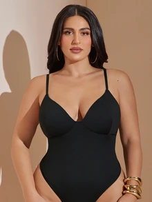 SHEIN BAE CURVE كاميسول نسائي مقاس كبير بحمالات رفيعة باللون الأسود - الأسود - مشاهدة 6