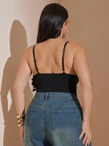 SHEIN BAE CURVE كاميسول نسائي مقاس كبير بحمالات رفيعة باللون الأسود - الأسود - مشاهدة 5