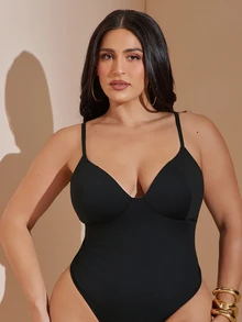 SHEIN BAE CURVE كاميسول نسائي مقاس كبير بحمالات رفيعة باللون الأسود - الأسود - مشاهدة 4