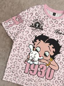 Betty Boop x SHEIN SHEIN EZwear 休閒極簡豹紋卡通圖案圓領短袖T恤，街頭風 - 彩色 - 查看 4