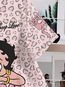 Betty Boop x SHEIN SHEIN EZwear 休閒極簡豹紋卡通圖案圓領短袖T恤，街頭風 - 彩色 - 查看 13