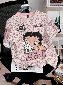 Betty Boop x SHEIN SHEIN EZwear 休閒極簡豹紋卡通圖案圓領短袖T恤，街頭風 - 彩色 - 查看 16
