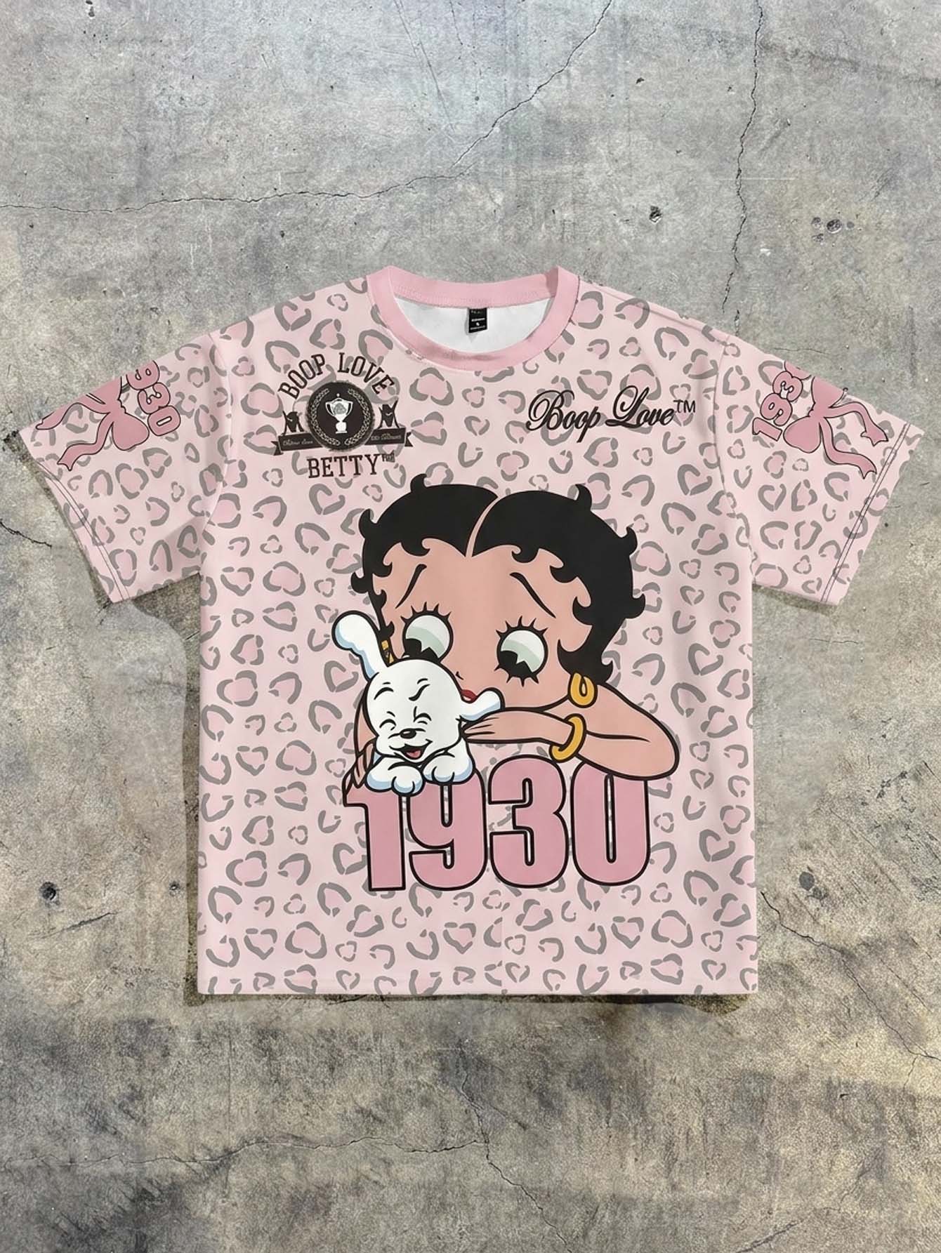 Betty Boop x SHEIN SHEIN EZwear 休閒極簡豹紋卡通圖案圓領短袖T恤,街頭風 - 彩色 - 查看 1