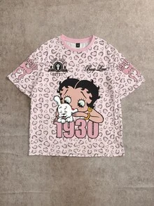 Betty Boop x SHEIN SHEIN EZwear 休閒極簡豹紋卡通圖案圓領短袖T恤，街頭風 - 彩色 - 查看 10