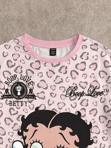 Betty Boop x SHEIN SHEIN EZwear 休閒極簡豹紋卡通圖案圓領短袖T恤，街頭風 - 彩色 - 查看 8