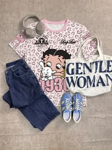 Betty Boop x SHEIN SHEIN EZwear 休閒極簡豹紋卡通圖案圓領短袖T恤，街頭風 - 彩色 - 查看 7