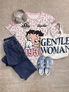 Betty Boop x SHEIN SHEIN EZwear 休閒極簡豹紋卡通圖案圓領短袖T恤，街頭風 - 彩色 - 查看 3