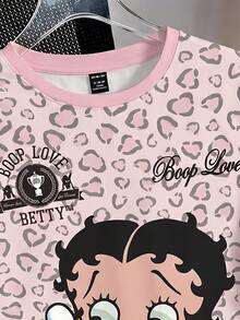 Betty Boop x SHEIN SHEIN EZwear 休閒極簡豹紋卡通圖案圓領短袖T恤，街頭風 - 彩色 - 查看 14