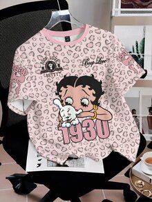 Betty Boop x SHEIN SHEIN EZwear 休閒極簡豹紋卡通圖案圓領短袖T恤，街頭風 - 彩色 - 查看 17