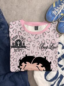Betty Boop x SHEIN SHEIN EZwear 休閒極簡豹紋卡通圖案圓領短袖T恤，街頭風 - 彩色 - 查看 6
