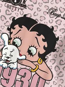 Betty Boop x SHEIN SHEIN EZwear 休閒極簡豹紋卡通圖案圓領短袖T恤，街頭風 - 彩色 - 查看 15