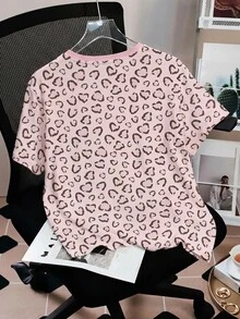 Betty Boop x SHEIN SHEIN EZwear 休閒極簡豹紋卡通圖案圓領短袖T恤，街頭風 - 彩色 - 查看 2