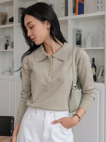 DAZY 1pc Women Solid Color Long Sleeve Sweater, Business Casual Style For Autumn,Long Sleeve Tops,Fall Women Clothes - Grey - View 8