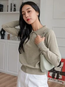 DAZY 1pc Women Solid Color Long Sleeve Sweater, Business Casual Style For Autumn,Long Sleeve Tops,Fall Women Clothes - Grey - View 5