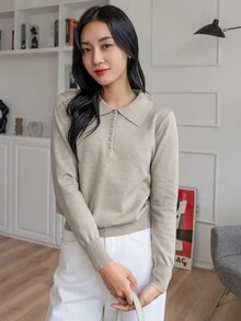 DAZY 1pc Women Solid Color Long Sleeve Sweater, Business Casual Style For Autumn,Long Sleeve Tops,Fall Women Clothes - Grey - View 3