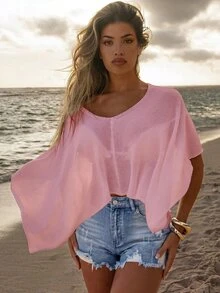 SHEIN Swim 新款跨境纯色连体优雅度假风女士泳衣上装 - 粉色 - 查看 8