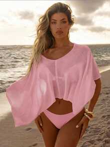 SHEIN Swim 新款跨境纯色连体优雅度假风女士泳衣上装 - 粉色 - 查看 5