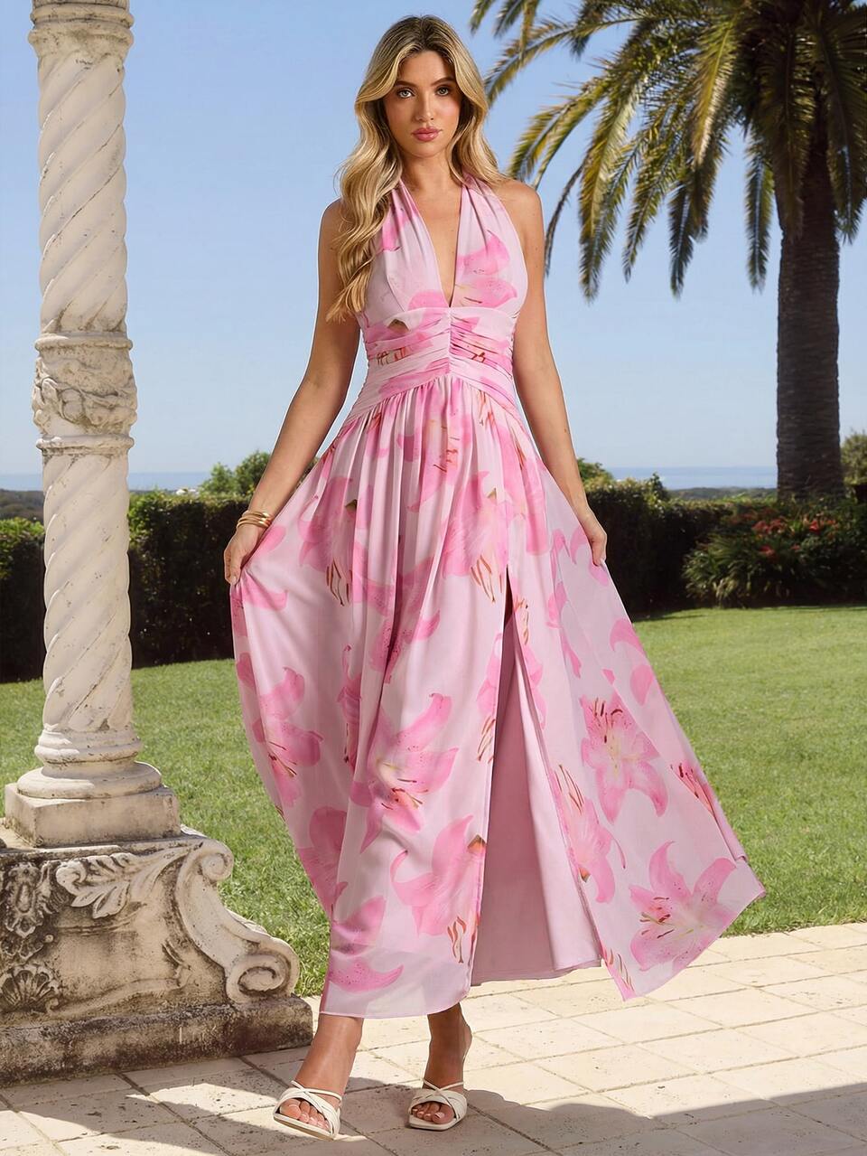 Enchnt Women's Light Pink Floral Print Deep V-Neck Sleeveless Maxi Dress,Sweet&Elegant Summer Tropical Vacation Holiday Wedding Ninang, Spring Outfit