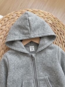 新生兒純色連帽拉鍊休閒日常長袖運動衫 - 淺灰色 - 查看 4