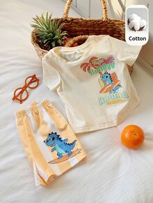 SHEIN 2件套男女宝宝休闲可爱卡通印花短袖T恤短裤套装，男宝宝套装，男宝宝夏季服装 - 黃色 - 查看 2
