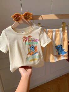 SHEIN 2件套男女宝宝休闲可爱卡通印花短袖T恤短裤套装，男宝宝套装，男宝宝夏季服装 - 黃色 - 查看 8