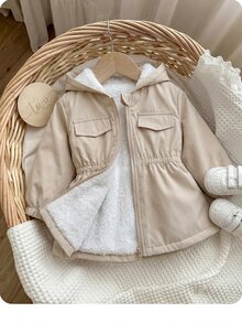 SHEIN Cute, Versatile, Solid-Color, Fleece-Lined Hooded Jacket For Baby Girls-Perfect For Fall And Winter. - Khaki - View 1