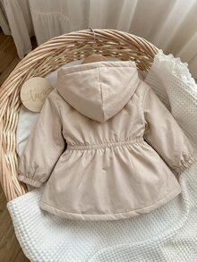 SHEIN Cute, Versatile, Solid-Color, Fleece-Lined Hooded Jacket For Baby Girls-Perfect For Fall And Winter. - Khaki - View 2