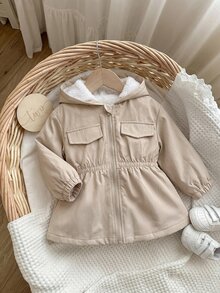 SHEIN Cute, Versatile, Solid-Color, Fleece-Lined Hooded Jacket For Baby Girls-Perfect For Fall And Winter. - Khaki - View 5