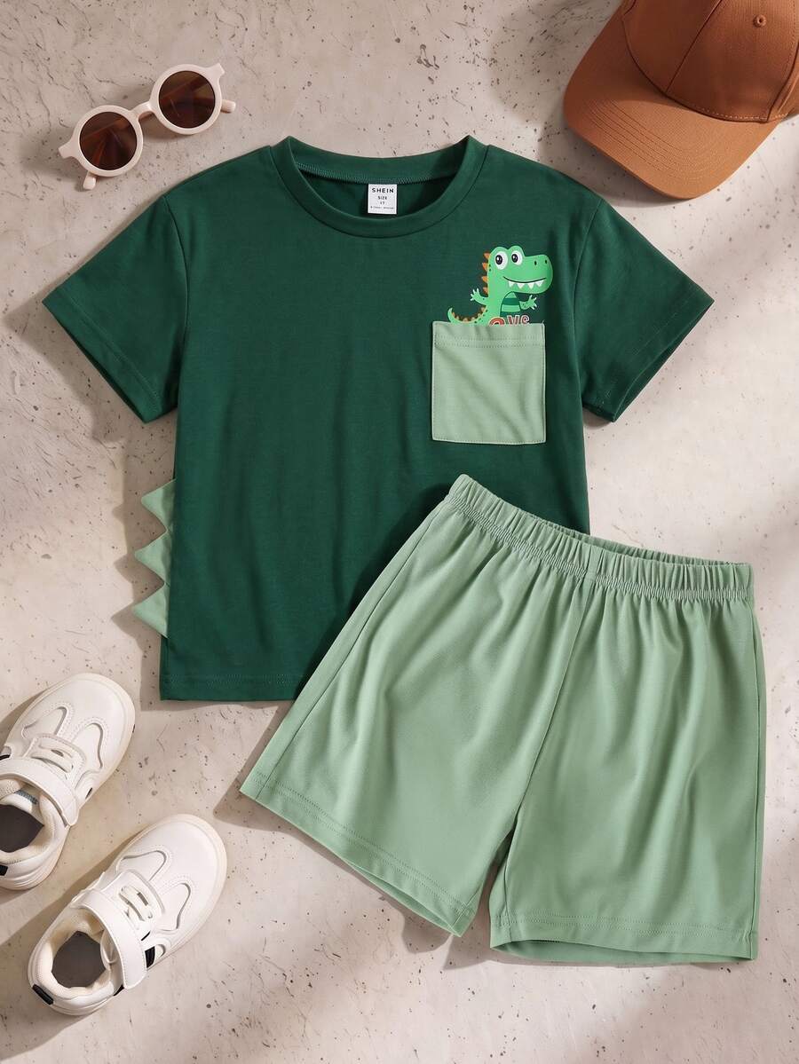 SHEIN Young BoyCute Pocket Dinosaur Print Casual Outfit, Suitable For Daily, Park, Travel & Holiday