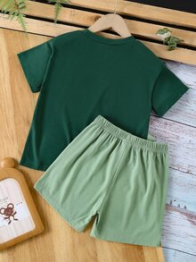 SHEIN Young BoyCute Pocket Dinosaur Print Casual Outfit, Suitable For Daily, Park, Travel & Holiday - Green - View 3