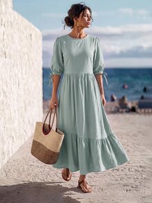 Faunlyn Women's Solid Color Textured Ruffle Hem Round Neck Fashion Dress Beach Vacation Sage Green Summer European French Tropical Birthday Dresses For Women - Green - View 7