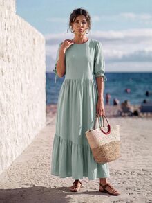 Faunlyn Women's Solid Color Textured Ruffle Hem Round Neck Fashion Dress Beach Vacation Sage Green Summer European French Tropical Birthday Dresses For Women - Green - View 5