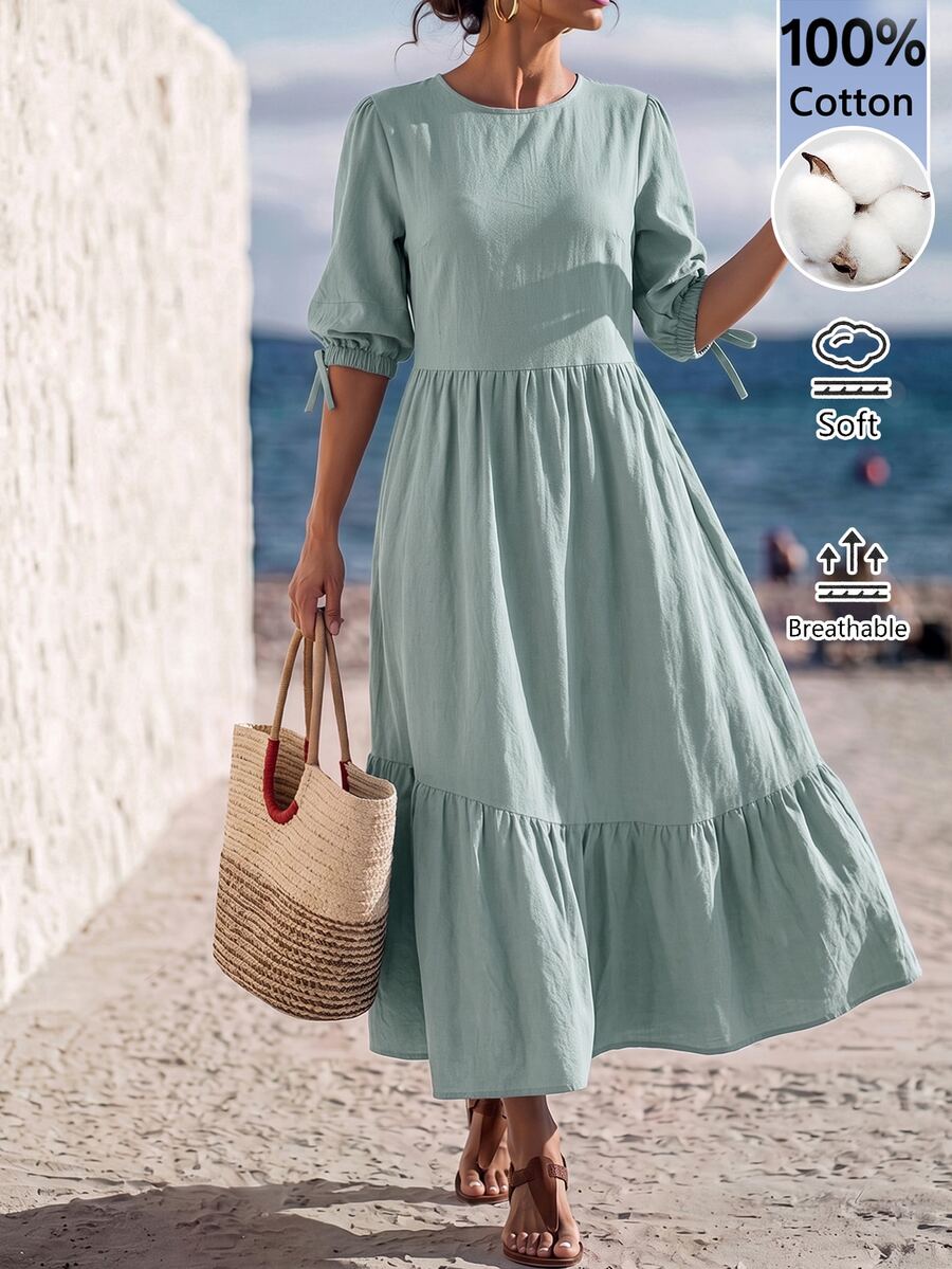 Faunlyn Women's Solid Color Textured Ruffle Hem Round Neck Fashion Dress Beach Vacation Sage Green Summer European French Tropical Birthday Dresses For Women - Green - View 1