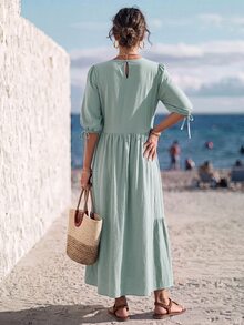 Faunlyn Women's Solid Color Textured Ruffle Hem Round Neck Fashion Dress Beach Vacation Sage Green Summer European French Tropical Birthday Dresses For Women - Green - View 2