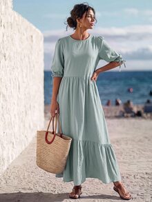 Faunlyn Women's Solid Color Textured Ruffle Hem Round Neck Fashion Dress Beach Vacation Sage Green Summer European French Tropical Birthday Dresses For Women - Green - View 3