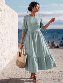 Faunlyn Women's Solid Color Textured Ruffle Hem Round Neck Fashion Dress Beach Vacation Sage Green Summer European French Tropical Birthday Dresses For Women - Green - View 4
