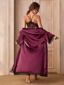 Charlaine 2pcs Faux Silk Lace Patchwork Criss-Cross Backless Tie Robe & Slip Dress Set For Women - Maroon - View 2