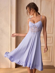 Charlaine 2pcs Fishbone Lace Trim Camisole Dress + Floral Lace Trim Wide Sleeve Mesh Robe Dress And Robe Set Lingerie Robe Set Night Dress - Mauve Purple - View 3