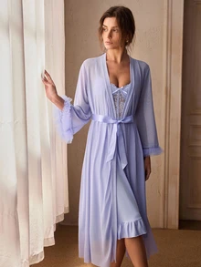 Charlaine 2pcs Fishbone Lace Trim Camisole Dress + Floral Lace Trim Wide Sleeve Mesh Robe Dress And Robe Set Lingerie Robe Set Night Dress - Mauve Purple - View 2