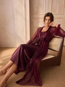 Charlaine Mature Sexy Criss-Cross Back Lace Silk Satin Hand-Tied Waist Women's Nightgown & Robe 2pcs Set - Maroon - View 2