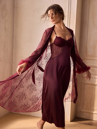 Charlaine Mature Sexy Criss-Cross Back Lace Silk Satin Hand-Tied Waist Women's Nightgown & Robe 2pcs Set