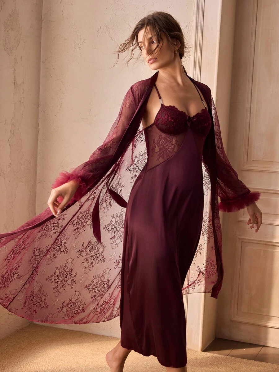 Charlaine Mature Sexy Criss-Cross Back Lace Silk Satin Hand-Tied Waist Women's Nightgown & Robe 2pcs Set - Maroon - View 1