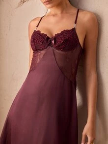 Charlaine Mature Sexy Criss-Cross Back Lace Silk Satin Hand-Tied Waist Women's Nightgown & Robe 2pcs Set - Maroon - View 4