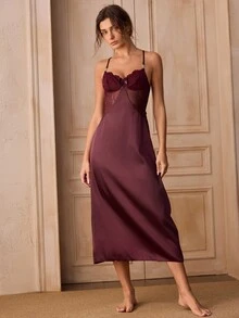 Charlaine Mature Sexy Criss-Cross Back Lace Silk Satin Hand-Tied Waist Women's Nightgown & Robe 2pcs Set - Maroon - View 3