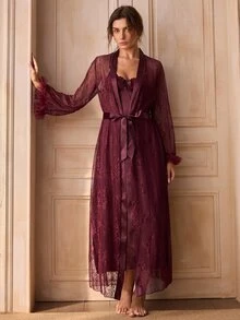 Charlaine Mature Sexy Criss-Cross Back Lace Silk Satin Hand-Tied Waist Women's Nightgown & Robe 2pcs Set - Maroon - View 8