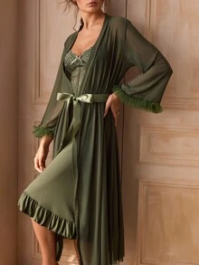 Charlaine 2pcs/Set Fishbone Design Waist Lace Camisole Nightgown + Floral Trim Wide Sleeve Mesh Robe - Army Green - View 1