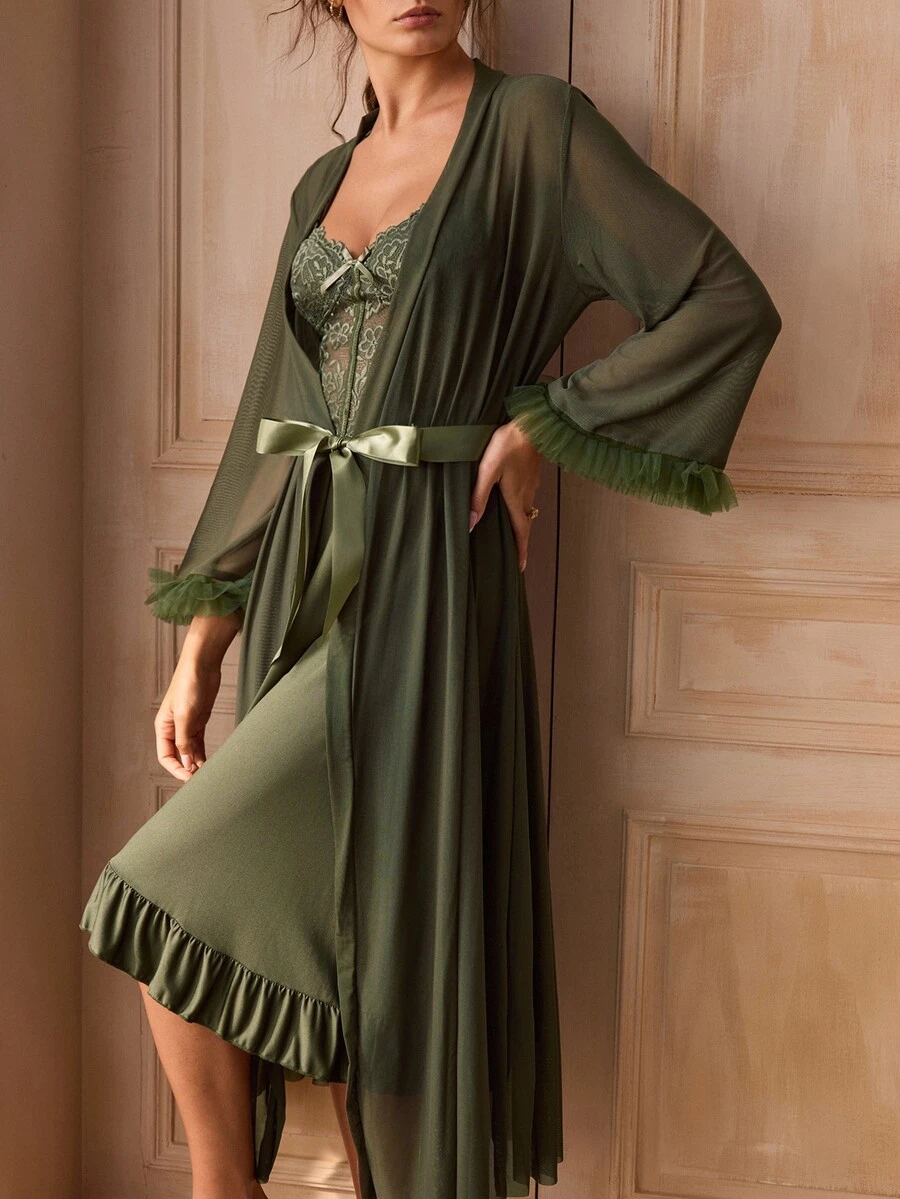 Charlaine 2pcs/Set Fishbone Design Waist Lace Camisole Nightgown + Floral Trim Wide Sleeve Mesh Robe - Army Green - View 1